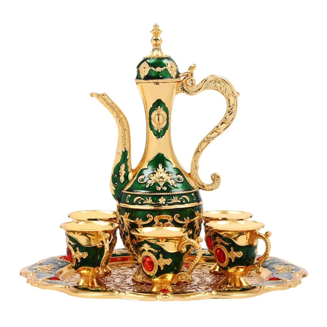 Vintage Turkish Tea & Coffee Set with Pot, Tray & 6 Cups – Gold & Green